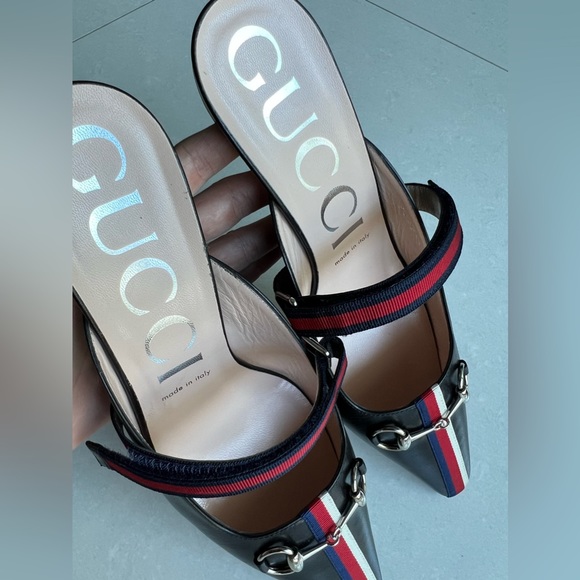 GUCCI Women's Signature Web Strap Horsebit High-Heel Leather Mules Black 39 NEW - Picture 4 of 14